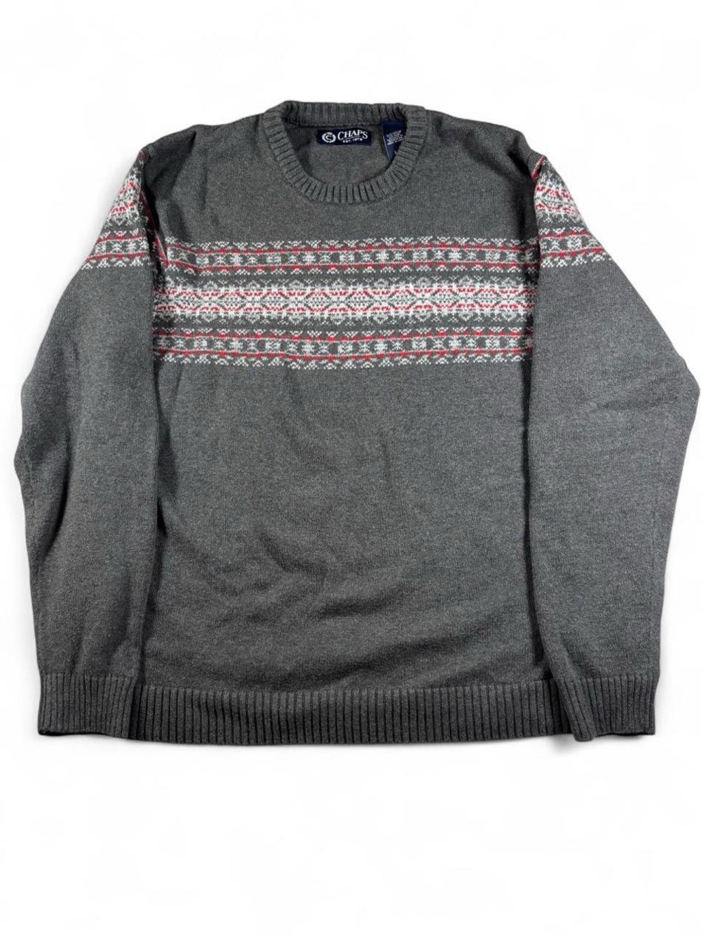 Vintage Chaps Ralph Lauren Grey Fair Isle Knit Crewneck Sweater.